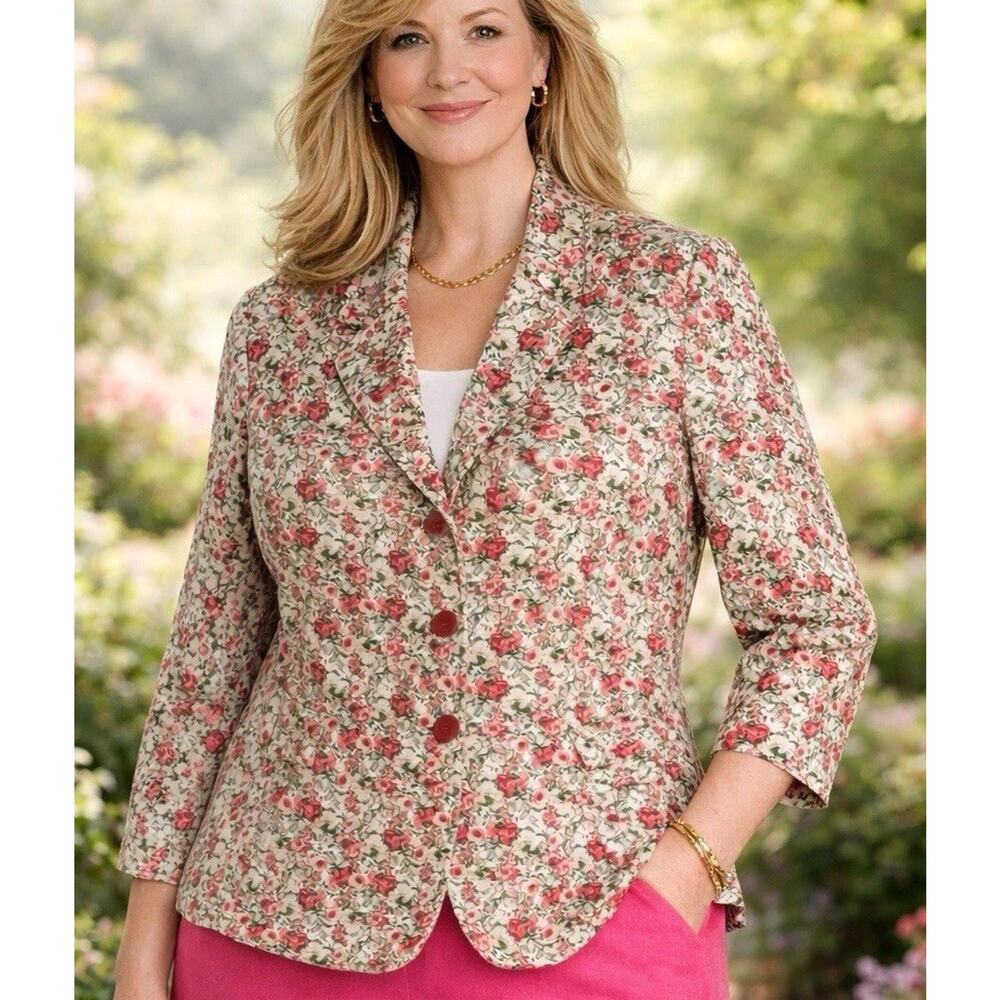 NEW Talbots Grace Fit Blazer 16 P Cottagecore Pink Floral Garden Cotton Stretch